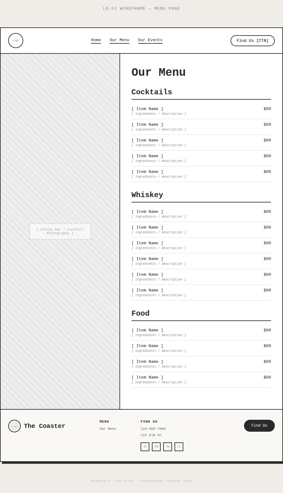 The Coaster Menu Page Wireframe